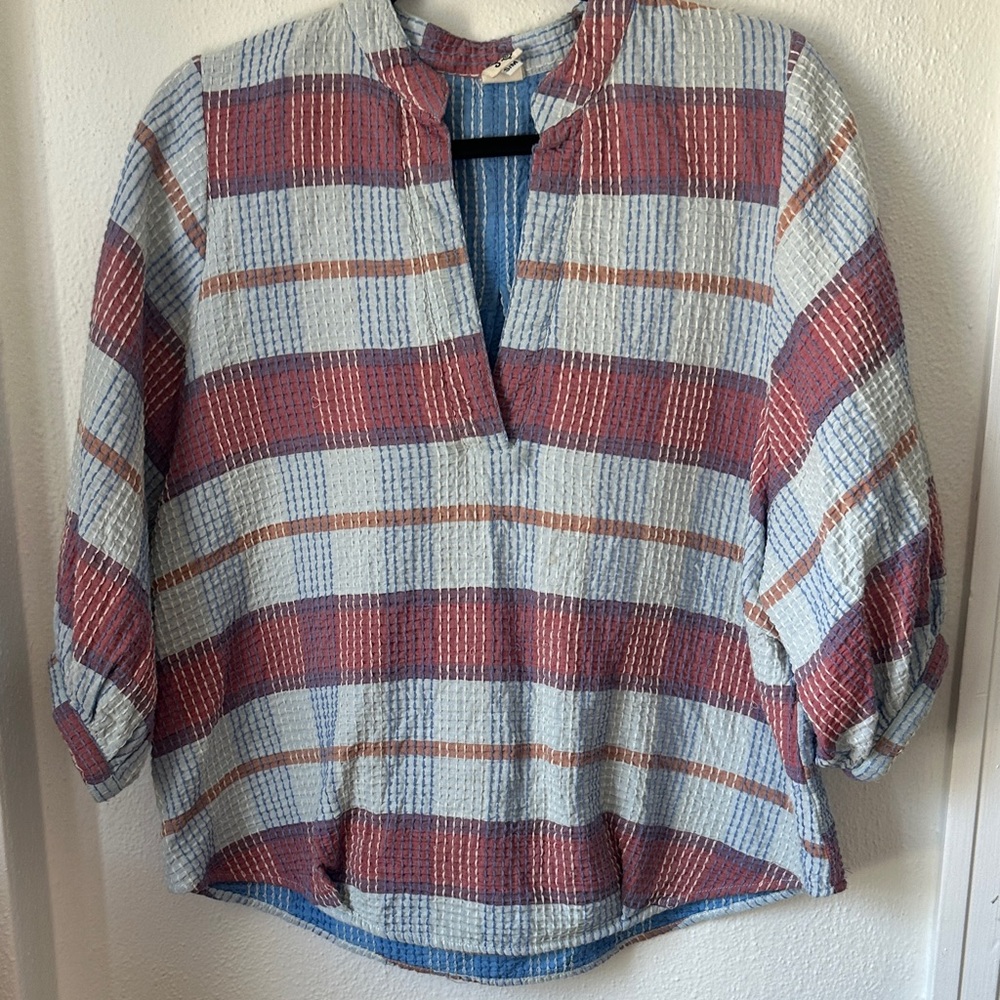 Ive Jane - Striped Relaxed V-Neck Women's Top - Blue & Rust